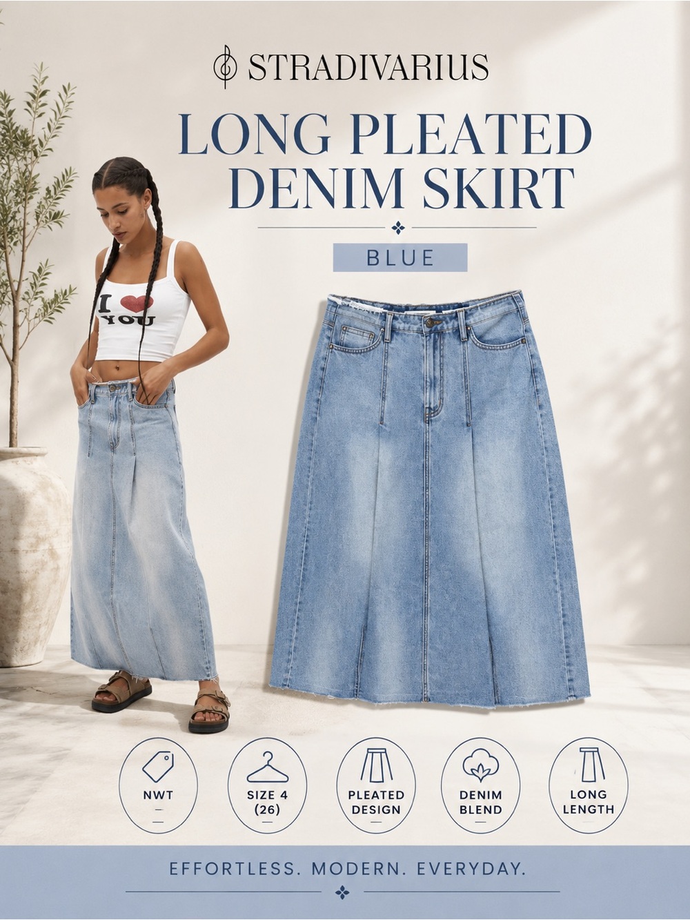 Stradivarius Blue Long Pleated Denim Skirt Size 4 NWT Maxi Jean Skirt Inditex